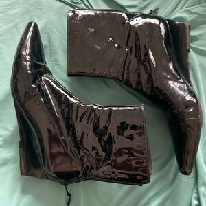 Stuart Weitzman black patent leather wedge boots
